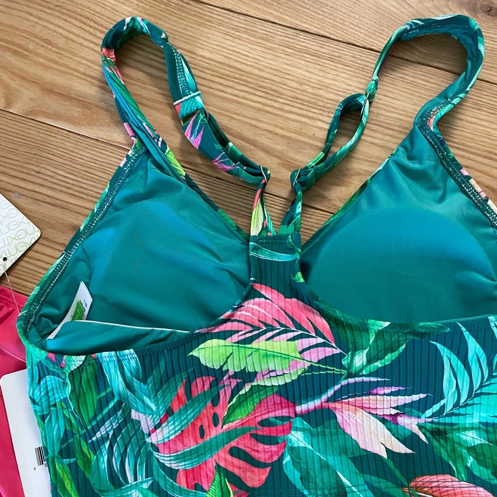 Tropical Print Bikini Top and Pink Swim Shorts - Picture 2 of 6
